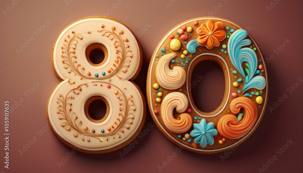 Decorated cookie, number 80, image for birthday or anniversary celebration Decorated cookie, number 80, image for birthday or anniversary celebration