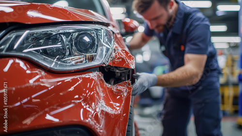 Mechanic inspecting damaged bumper of red car in auto repair shop