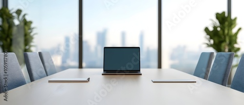 Wallpaper Mural Business executives participating in a collaborative conference in a modern boardroom setting with a panoramic city skyline view through the large windows  The team is using laptops notepads Torontodigital.ca