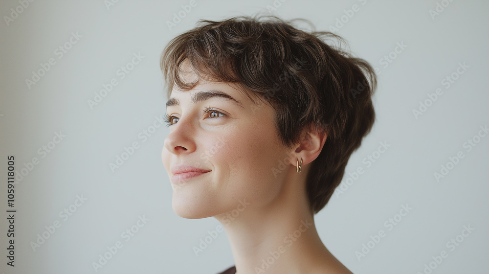 Side profile of a person smiling slightly, captured in natural light against a neutral background for a soft effect Side profile of a person smiling slightly, captured in natural light against a neutral background for a soft effect