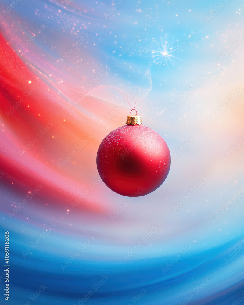 vibrant red Christmas ornament hangs against swirling blue and pink background, evoking festive and joyful atmosphere vibrant red Christmas ornament hangs against swirling blue and pink background, evoking festive and joyful atmosphere