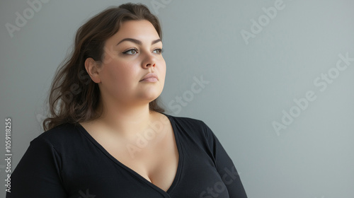 Thoughtful plus-size woman in a black top looking away with a calm and introspective expression, standing against a soft gray background