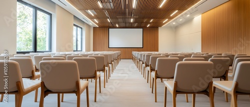 Spacious and well appointed conference room setting for a business meeting with participants engaged in lively discussions and presentations taking place on the central stage area photo