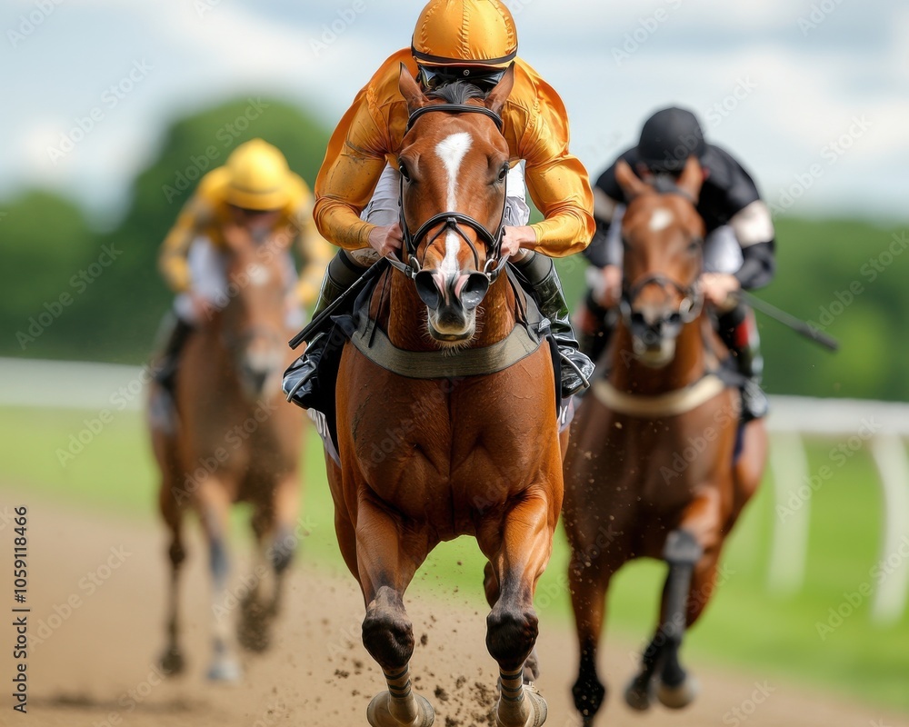 Naklejka premium Jockeys Racing Racehorses Under Bright Sunlight