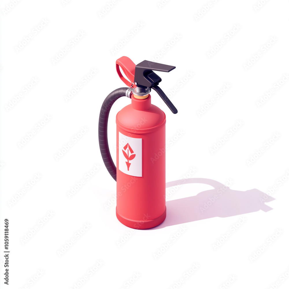 Icon of a fire extinguisher on a white background in an isometric view with a minimalistic design and red color theme. Icon of a fire extinguisher on a white background in an isometric view with a minimalistic design and red color theme.
