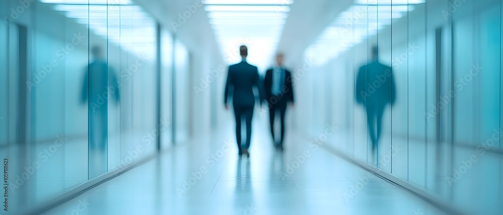 Blurred silhouettes of busy business professionals in motion walking quickly through a contemporary office hallway with glass partitions creating a dynamic and energetic visual effect Blurred silhouettes of busy business professionals in motion walking quickly through a contemporary office hallway with glass partitions creating a dynamic and energetic visual effect