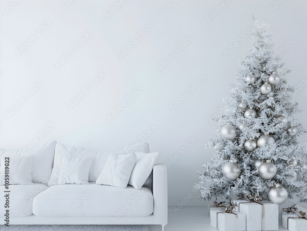 Chic Monochrome Christmas Tree in Minimalist Living Room with Metallic Ornaments Chic Monochrome Christmas Tree in Minimalist Living Room with Metallic Ornaments
