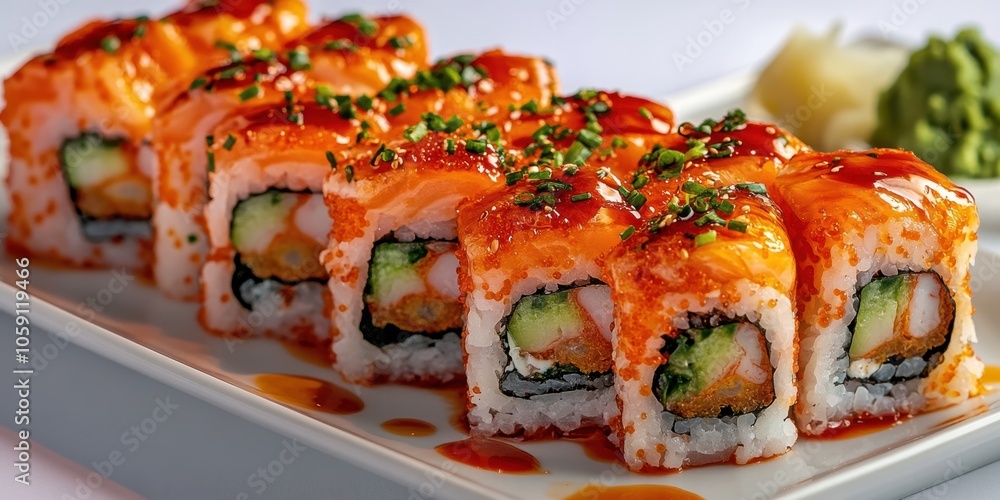 a plate of sui rolls with sauce and vegetables