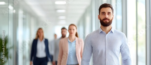 Busy corporate office corridor with blurred businesspeople walking past glass walls showcasing the high energy and productivity of a modern dynamic workplace environment