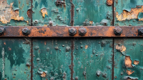 A close-up of weathered metal with rust and green oxidation, intricate decay textures captured in soft natural light, oxidized metal, industrial aesthetic