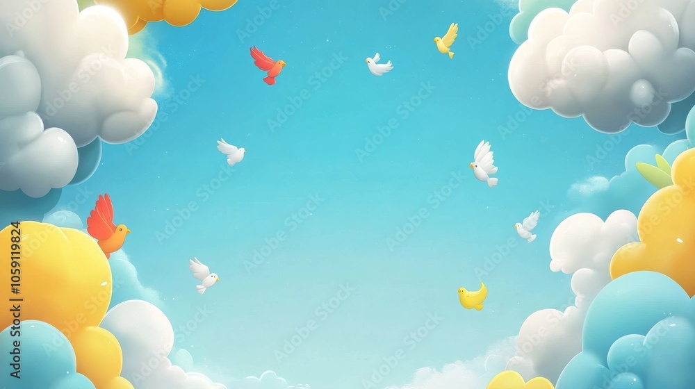 Bright Cartoon Clouds with Colorful Birds in Sky Bright Cartoon Clouds with Colorful Birds in Sky