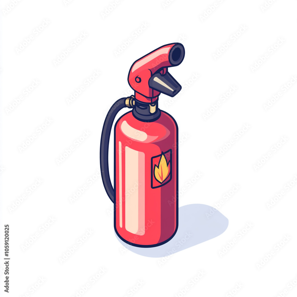 Icon of a fire extinguisher on a white background in an isometric view with a minimalistic design and red color theme. Icon of a fire extinguisher on a white background in an isometric view with a minimalistic design and red color theme.