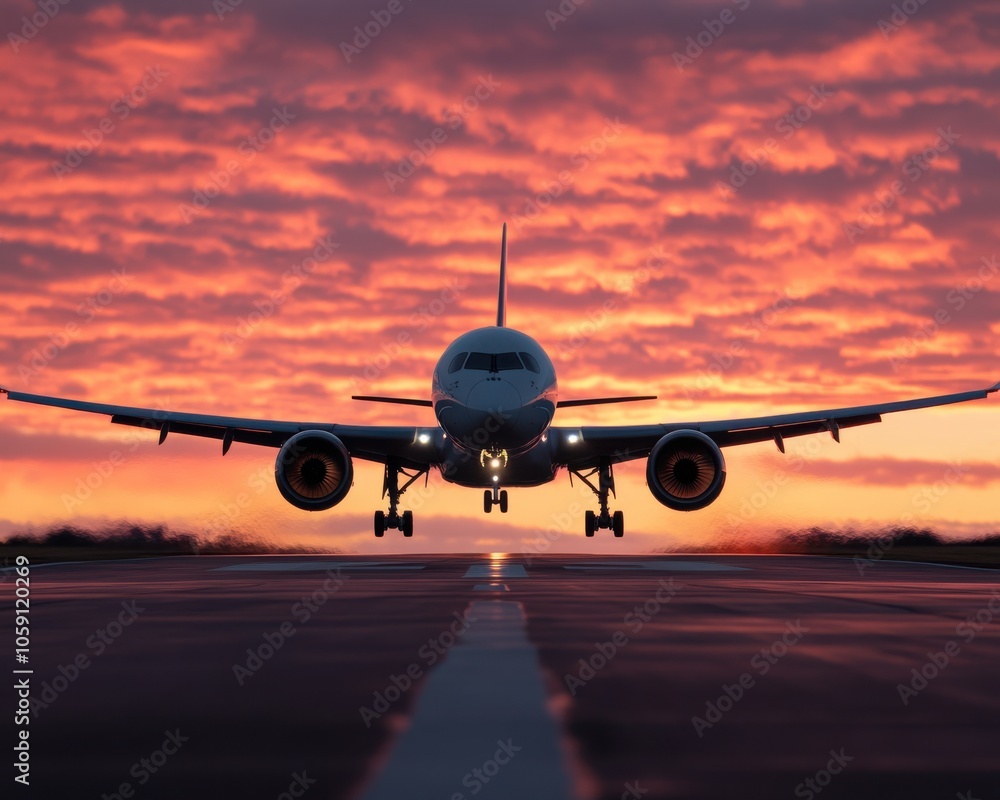Obraz premium Plane Taking Off at Sunset with Reflection