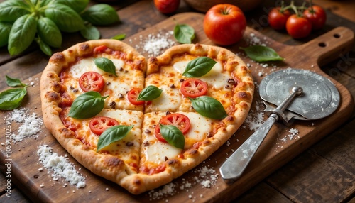 Heart-Shaped Margherita Pizza with Fresh Basil for Valentine's Day photo