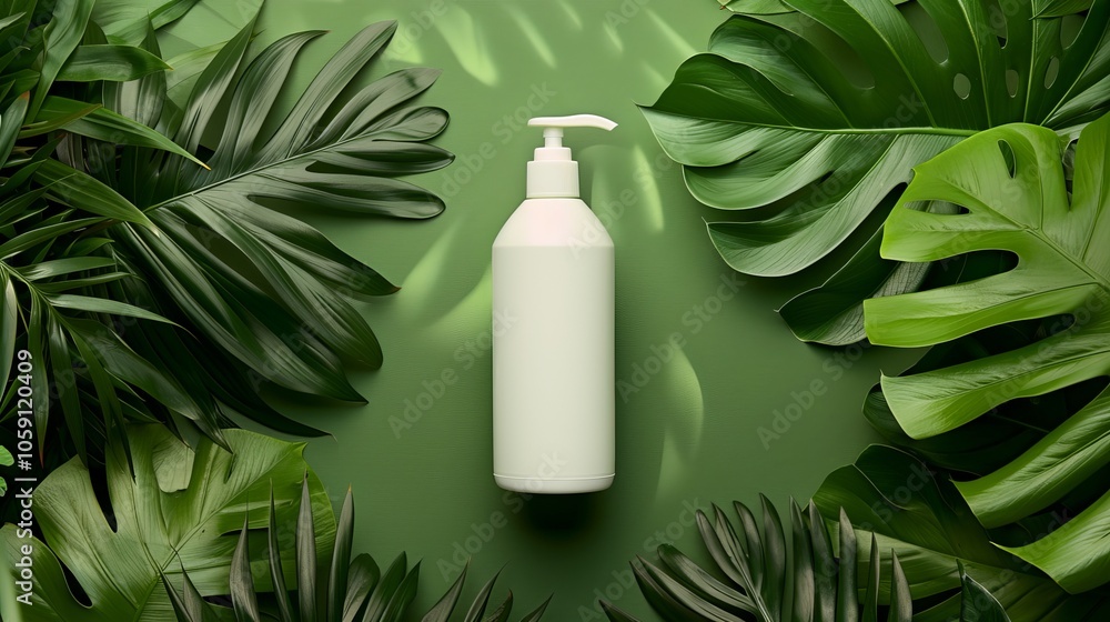 White pump bottle surrounded by lush green tropical leaves. White pump bottle surrounded by lush green tropical leaves.