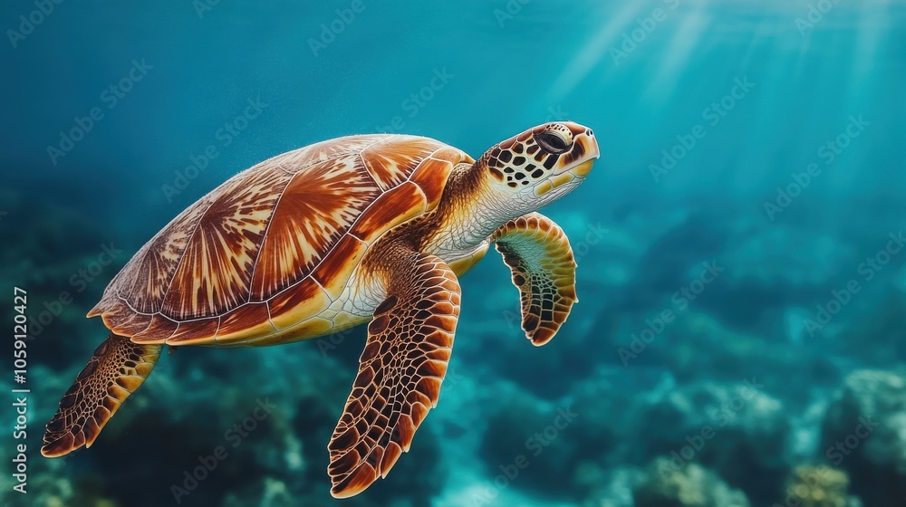 Fototapeta premium Sea Turtle Swimming in Clear Blue Waters