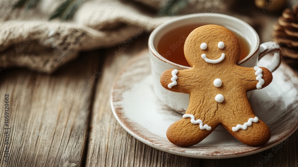Gingerbread man and tea cup on a wooden table with copy space Gingerbread man and tea cup on a wooden table with copy space