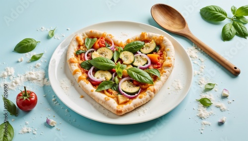 Heart-Shaped Veggie Pizza with Zucchini and Basil for Valentine's Day