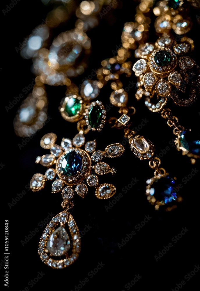 A close-up of intricate jewelry pieces, such as rings and necklaces, photographed against a black background to highlight their craftsmanship and sparkle. A close-up of intricate jewelry pieces, such as rings and necklaces, photographed against a black background to highlight their craftsmanship and sparkle.