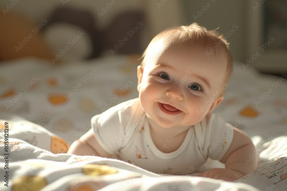 A joyful baby is crawling on a cozy blanket adorned with cheerful patterns. The warm sunlight illuminates the child's bright smile, showcasing pure happiness A joyful baby is crawling on a cozy blanket adorned with cheerful patterns. The warm sunlight illuminates the child's bright smile, showcasing pure happiness