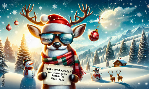 Witziger Weihnachtsmann im Schnee mit einem Schild in der Hand 