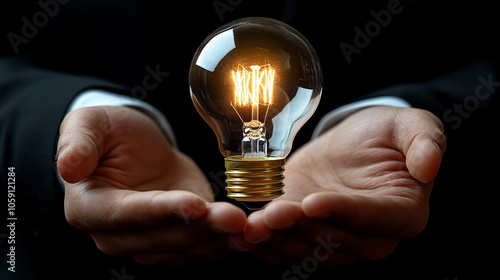 businessman holds a glowing light bulb, symbolizing innovation and bright ideas. The warm light contrasts with a professional setting, representing creativity and the spark of new possibilities in bus