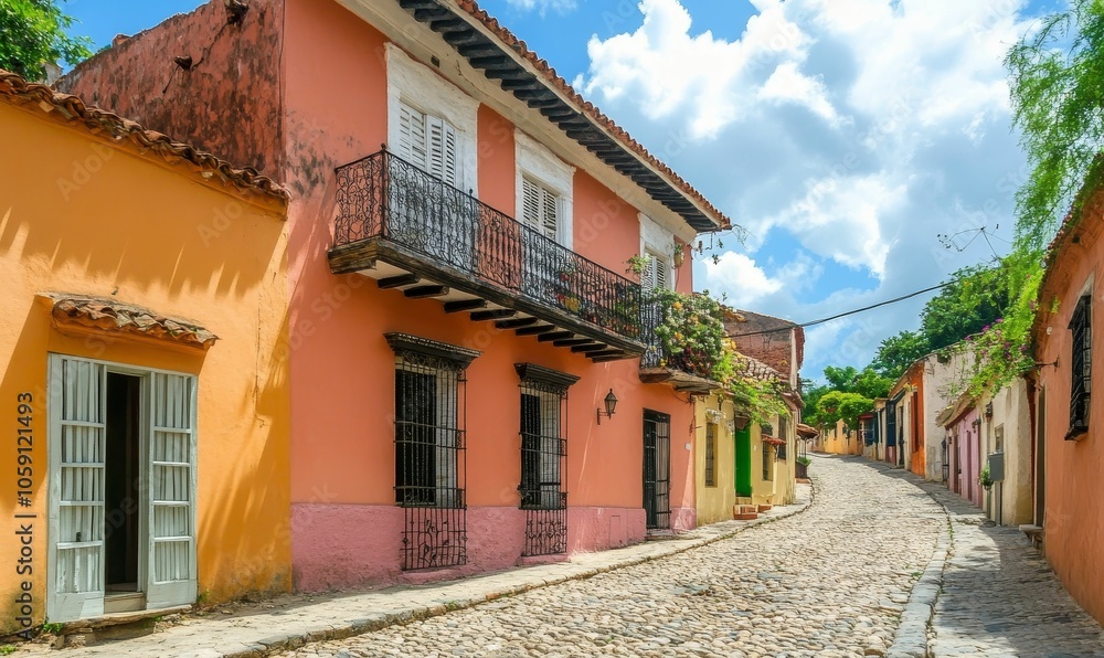 Cobblestone street lined with colorful buildings. Cobblestone street lined with colorful buildings.