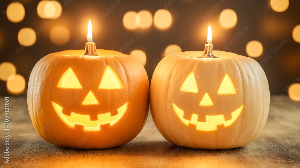 Two Lit Jack o' Lantern Pumpkins for Halloween Minimalist White Background with Space for Text Two Lit Jack o' Lantern Pumpkins for Halloween Minimalist White Background with Space for Text