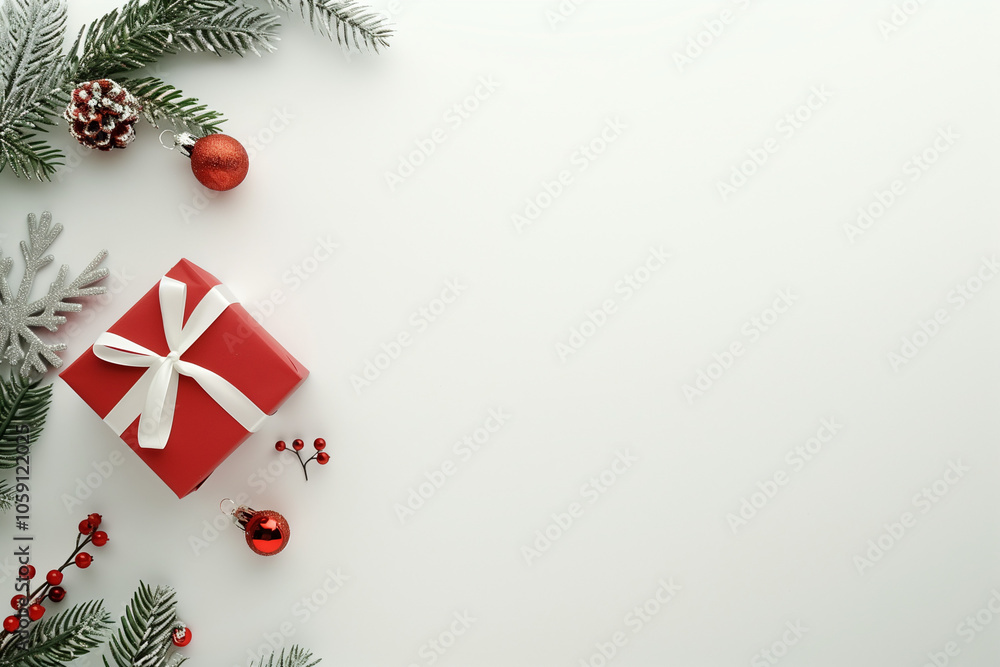 A red gift box with a white ribbon on an isolated background, top view A red gift box with a white ribbon on an isolated background, top view