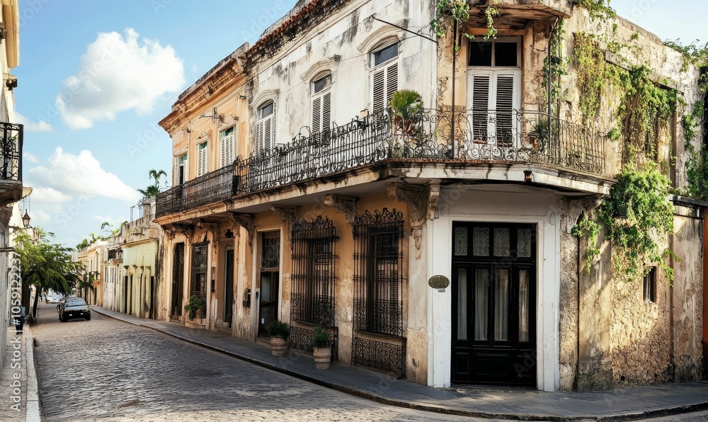 Old weathered buildings line a cobblestone street. Old weathered buildings line a cobblestone street.