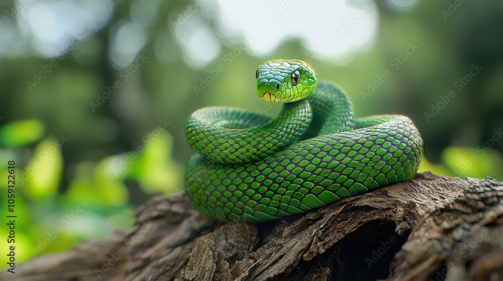 Close-up of a vibrant green snake coiled on a textured log, showcasing its striking scales and keen eyes. Close-up of a vibrant green snake coiled on a textured log, showcasing its striking scales and keen eyes.