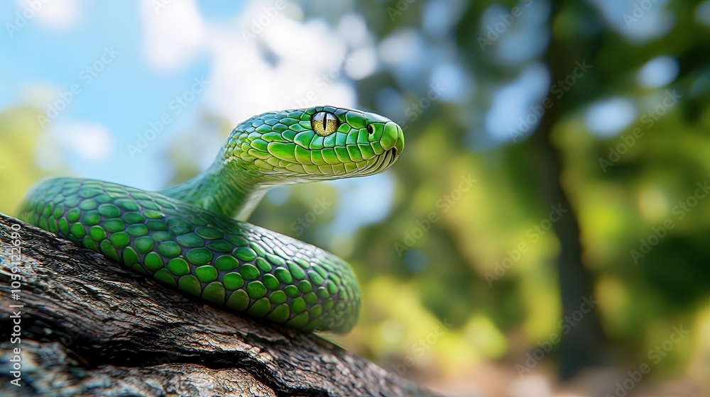 Close-up of a vibrant green snake perched on a branch, showcasing intricate scales and a striking gaze. Close-up of a vibrant green snake perched on a branch, showcasing intricate scales and a striking gaze.