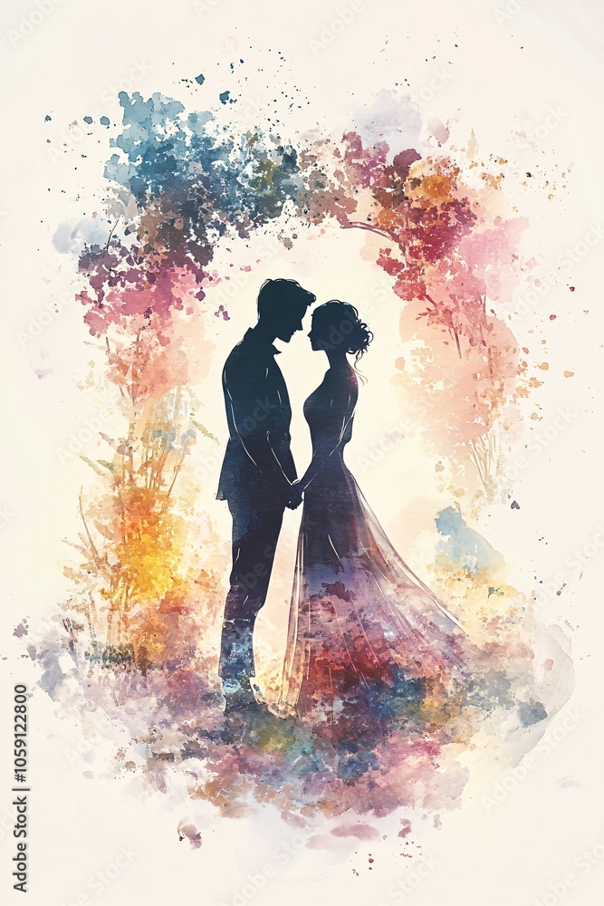 A romantic silhouette of a couple surrounded by a colorful watercolor floral background perfect for celebrating love and togetherness A romantic silhouette of a couple surrounded by a colorful watercolor floral background perfect for celebrating love and togetherness