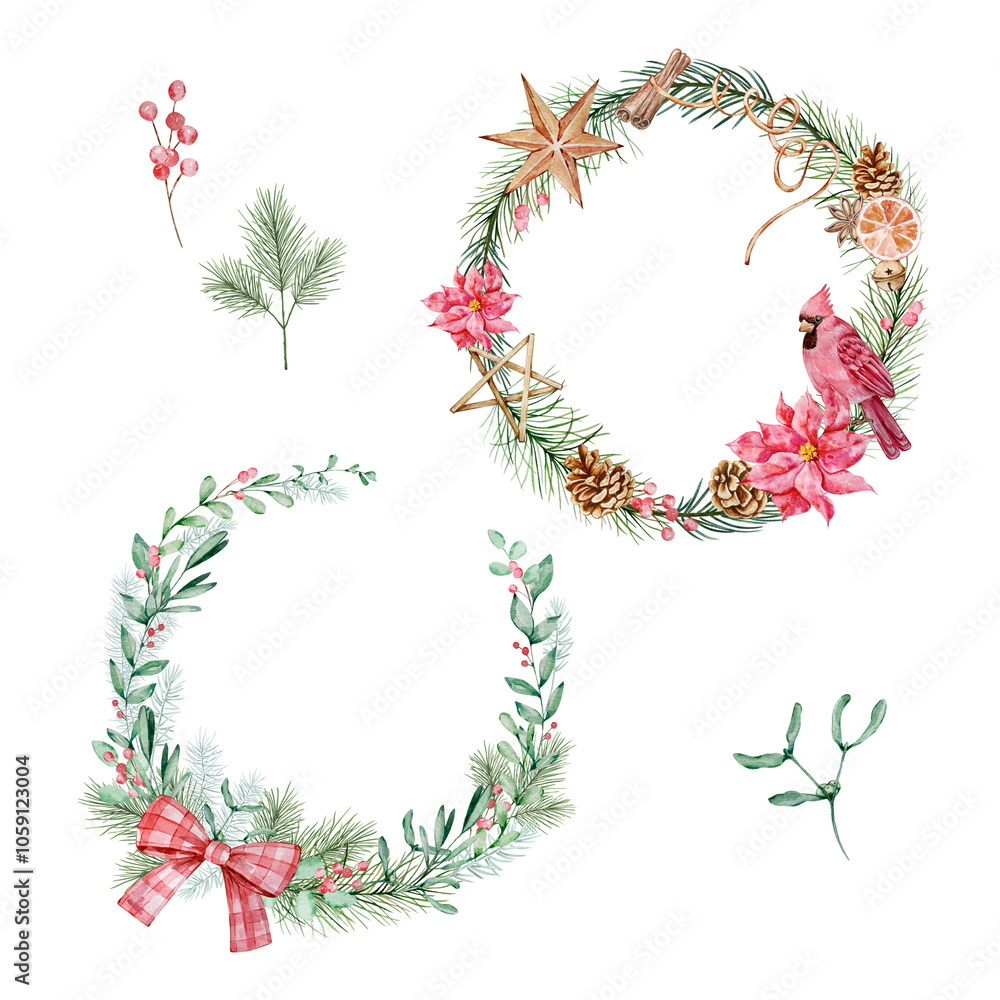 Watercolor Christmas wreath set with winter greenery Watercolor Christmas wreath set with winter greenery