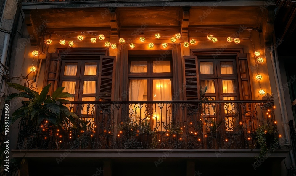 Illuminated balcony with string lights and plants. Illuminated balcony with string lights and plants.