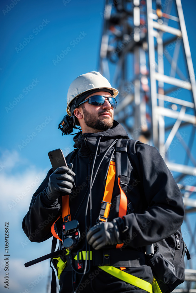 Telecommunications engineer holding smartphone and wearing safety gear near cell tower Telecommunications engineer holding smartphone and wearing safety gear near cell tower