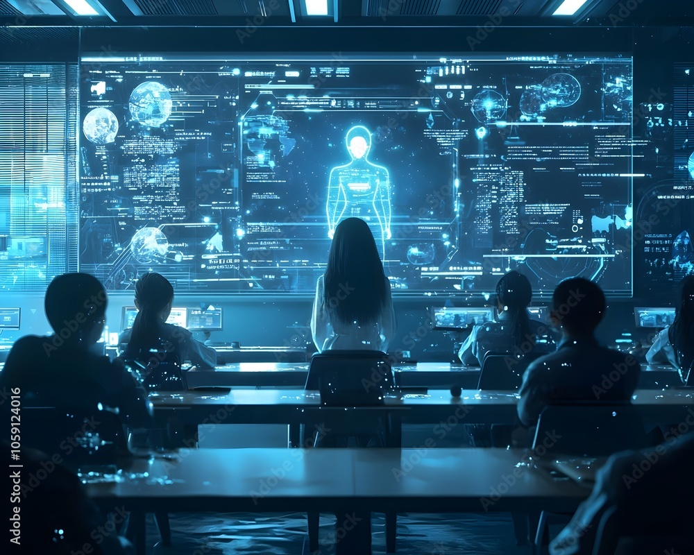 Futuristic Classroom with Holographic Teachers and Students Learning Advanced Technology Futuristic Classroom with Holographic Teachers and Students Learning Advanced Technology