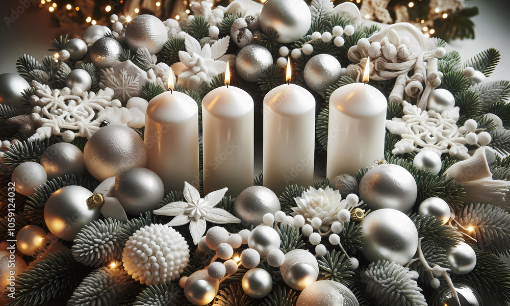 Fototapeta premium Festliche Weihnachtsszene / Adventsszene mit Kerzen, Tannenzweigen, Tannenzapfen, Goldkugeln