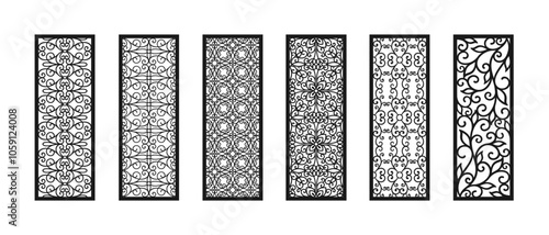 Black and white decorative panels with openwork and plant ornaments isolated on a white background. Vector set of privacy screen, fence, room divider, interior partition for laser cutting or engraving