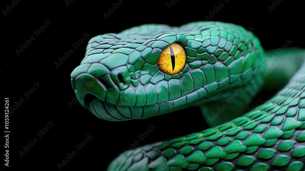 Close-up of a vibrant green snake with striking yellow eyes against a black background. Close-up of a vibrant green snake with striking yellow eyes against a black background.