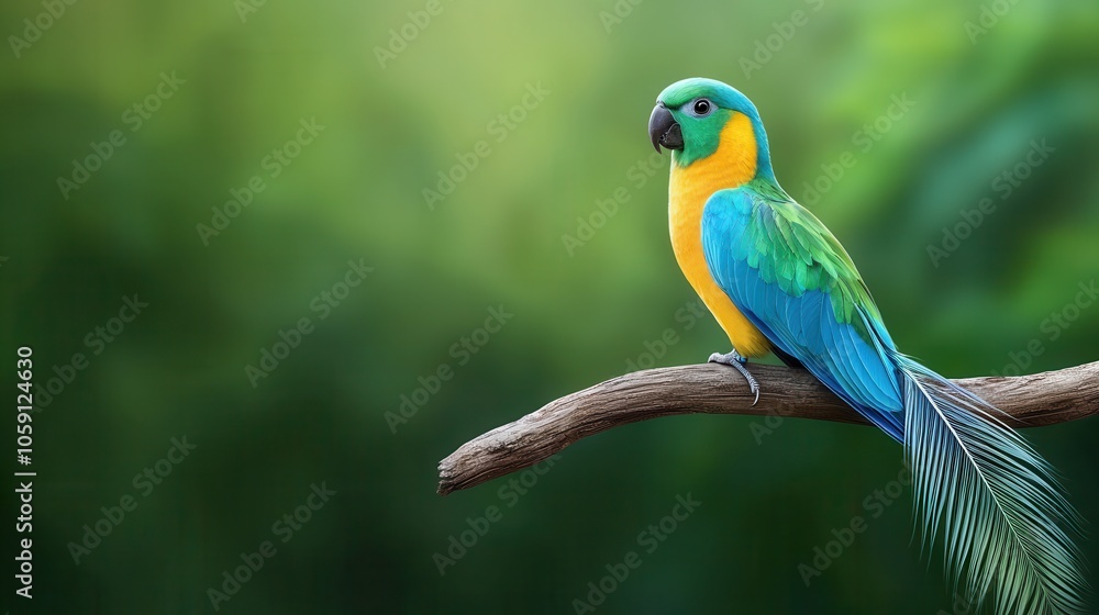 A vibrant blue and yellow parrot perched on a branch, showcasing its colorful feathers against a blurred green background. A vibrant blue and yellow parrot perched on a branch, showcasing its colorful feathers against a blurred green background.