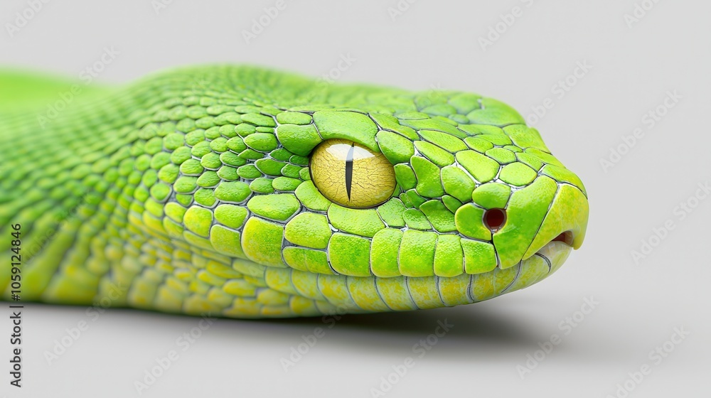 A close-up of a vibrant green snake, showcasing its textured scales and striking yellow eye, on a neutral background. A close-up of a vibrant green snake, showcasing its textured scales and striking yellow eye, on a neutral background.