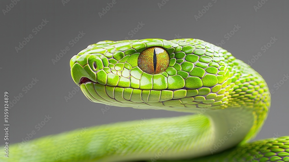 Obraz premium Close-up of a vibrant green snake showcasing its textured scales and striking amber eyes.