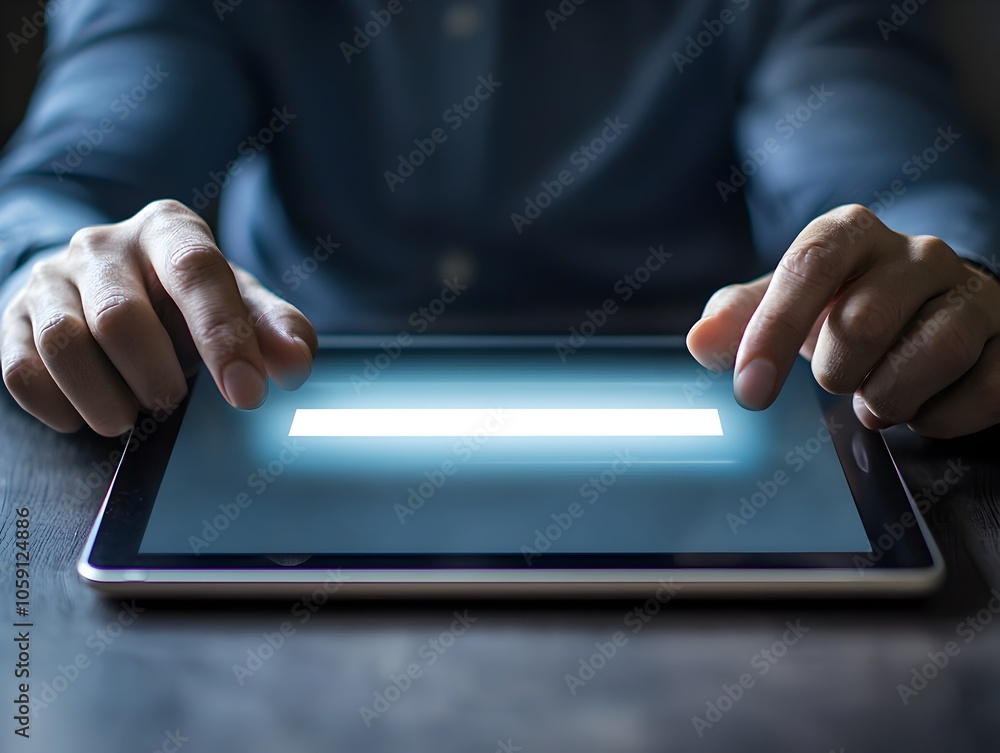 Anxious Businessperson Watching Digital Progress Bar on Tablet for Major Project Completion Anxious Businessperson Watching Digital Progress Bar on Tablet for Major Project Completion