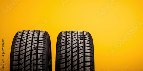 Two car tires on yellow background waiting for seasonal change