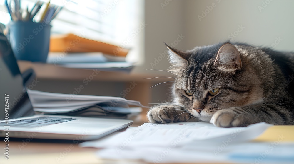 Curious Cat Pawing at Colorful Laptop Graphics in a Chaotic Office Setting - Playful Feline Exploring Technology Amidst Scattered Papers and Supplies Curious Cat Pawing at Colorful Laptop Graphics in a Chaotic Office Setting - Playful Feline Exploring Technology Amidst Scattered Papers and Supplies