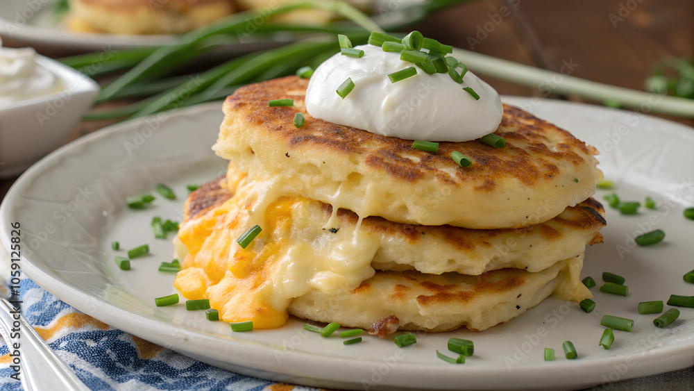 Delicious cheesy blini with crispy edges topped with sour cream and green onions served on a rustic wooden table. Generative AI Delicious cheesy blini with crispy edges topped with sour cream and green onions served on a rustic wooden table. Generative AI