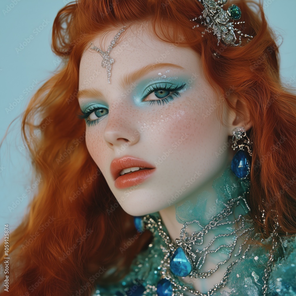Obraz premium Portrait of a woman with red hair and intricate jewelry, close-up fashion photography