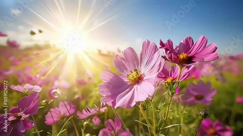 Vibrant pink flowers basking in the golden sunlight of a beautiful summer day.