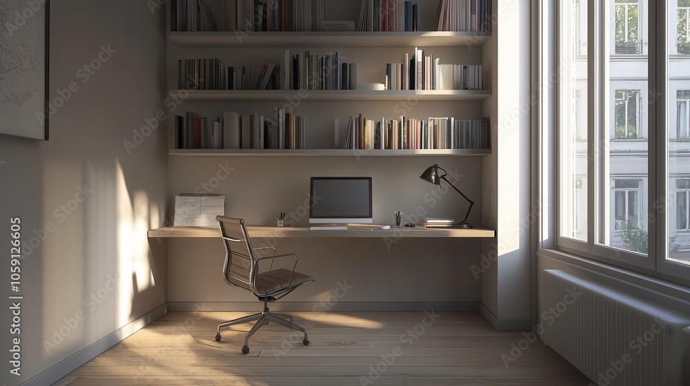 Modern office space with a wooden desk, ergonomic chair, and large windows inviting natural light. Modern office space with a wooden desk, ergonomic chair, and large windows inviting natural light.